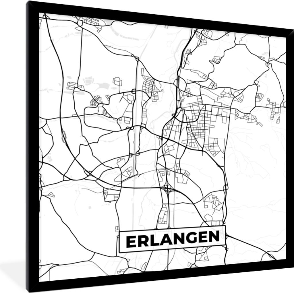 MuchoWow Gerahmtes Poster Stadtplan - Karte - Erlangen 40x40 cm - Poster mit Schwarzem Bilderrahmen Wandposter Rahmen Foto Bilder - Mit Rahmen - ...