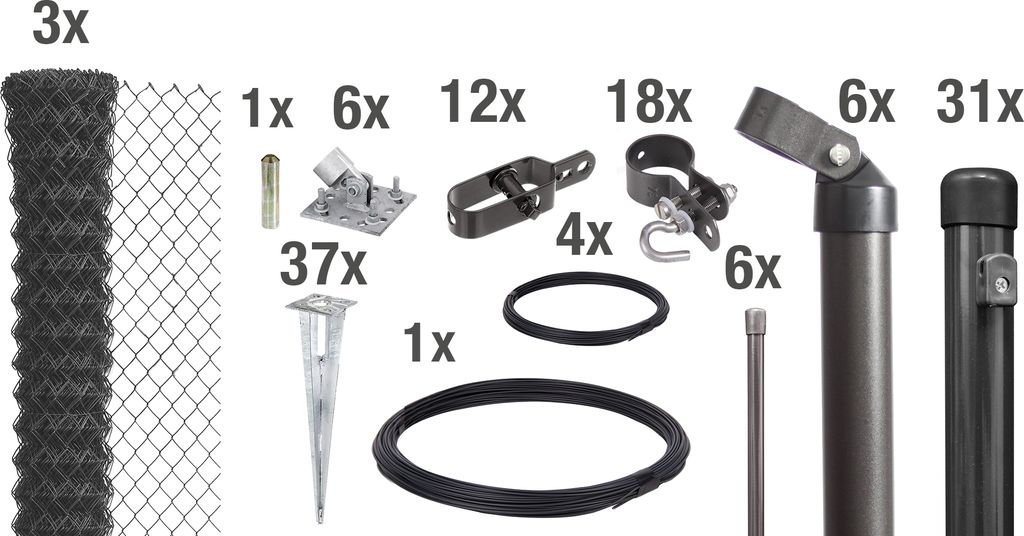 Alberts Maschendrahtzaun, Höhe 125 cm, Länge 75 m, Zaun-Komplettset mit Bodenhülse ohne Einbetonieren, anthrazit-metallic, Maschenweite 60 x 60 mm