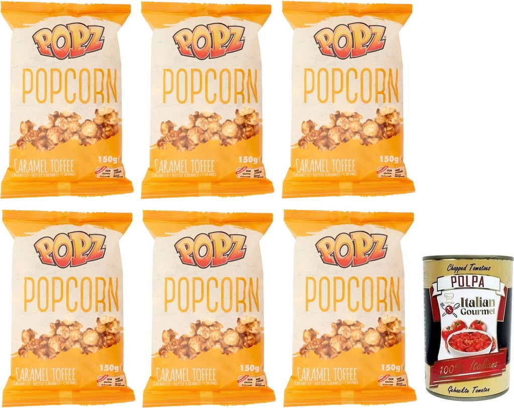 6x Popz Popcorn Caramel Toffee,Butter Karamell Popcorn (75%),Beutel mit 150g + Italian Gourmet Polpa di Pomodoro 400g Dose