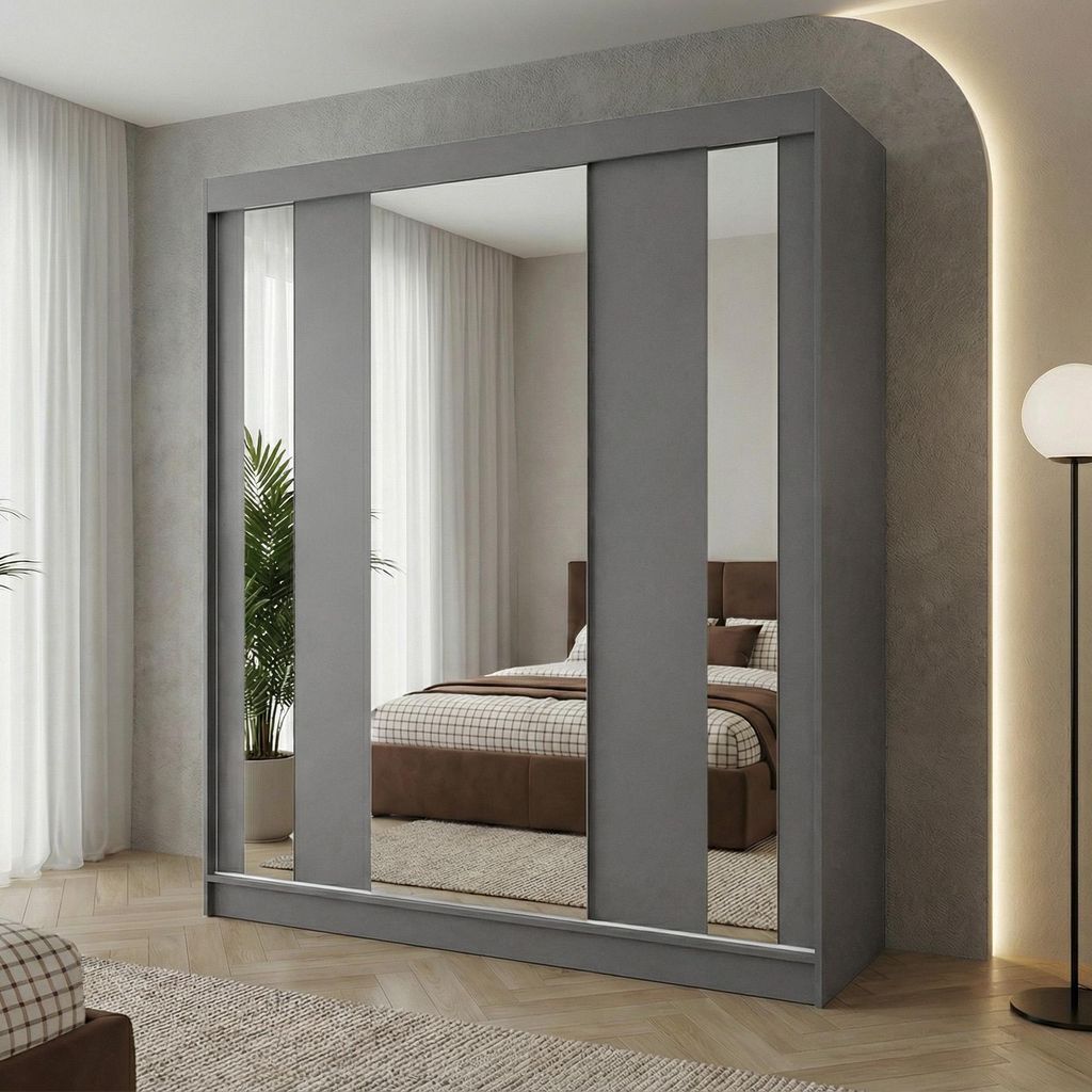 BEAUTYSOFA | Kleiderschrank GAJA 180 cm Graphit, Schrank mit Spiegel und Schubkasteneinsätze – 3-türig Schiebetürenschrank Schlafzimmerschrank