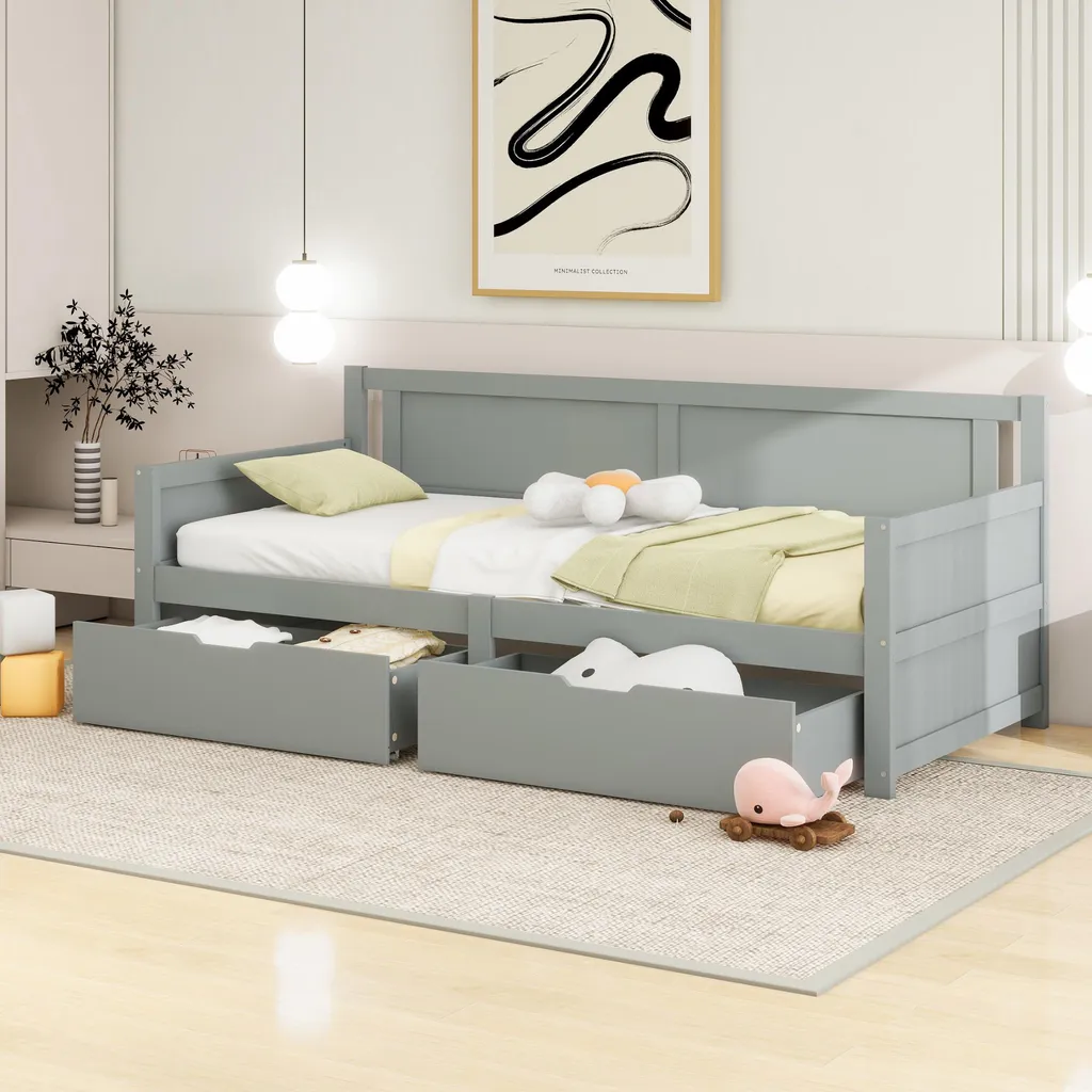 Lit 90x200 Gris avec Tiroirs : Solution Rangement en Bois Massif Robuste