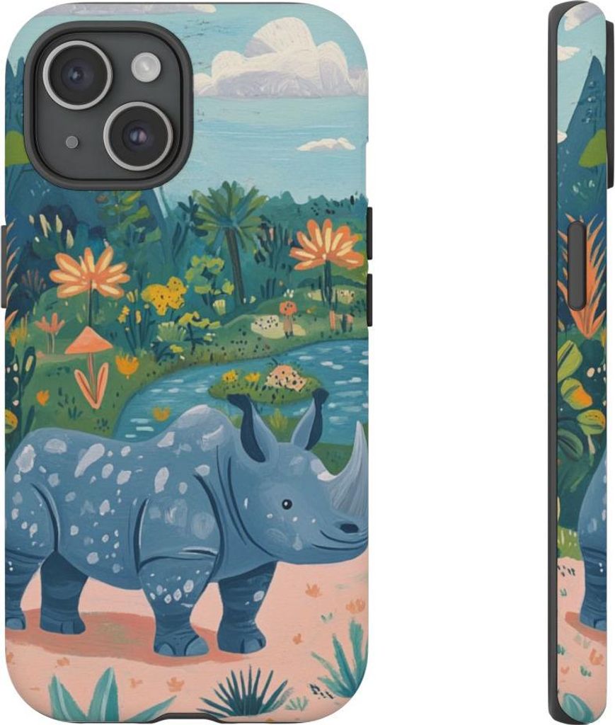 Stilisiertes Nashorn in Dschungellandschaft – Handyhülle Kompatibel mit iPhone 15