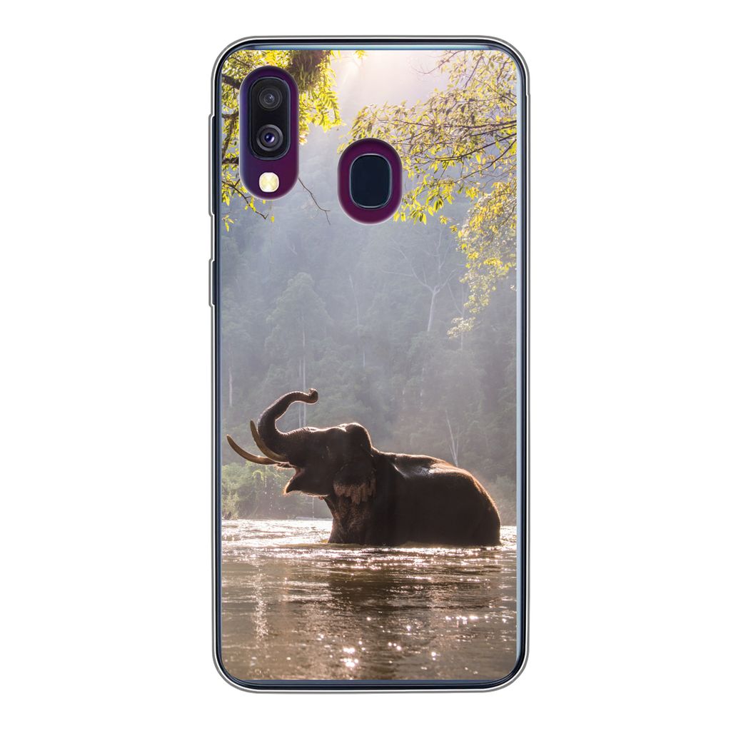 MuchoWow Handyhülle Schutzhülle Hülle für Samsung Galaxy A40 Elefant - Wasser - Tiere - Bäume - Sonne Silikon Softcase Handy Hülle - Handy-...