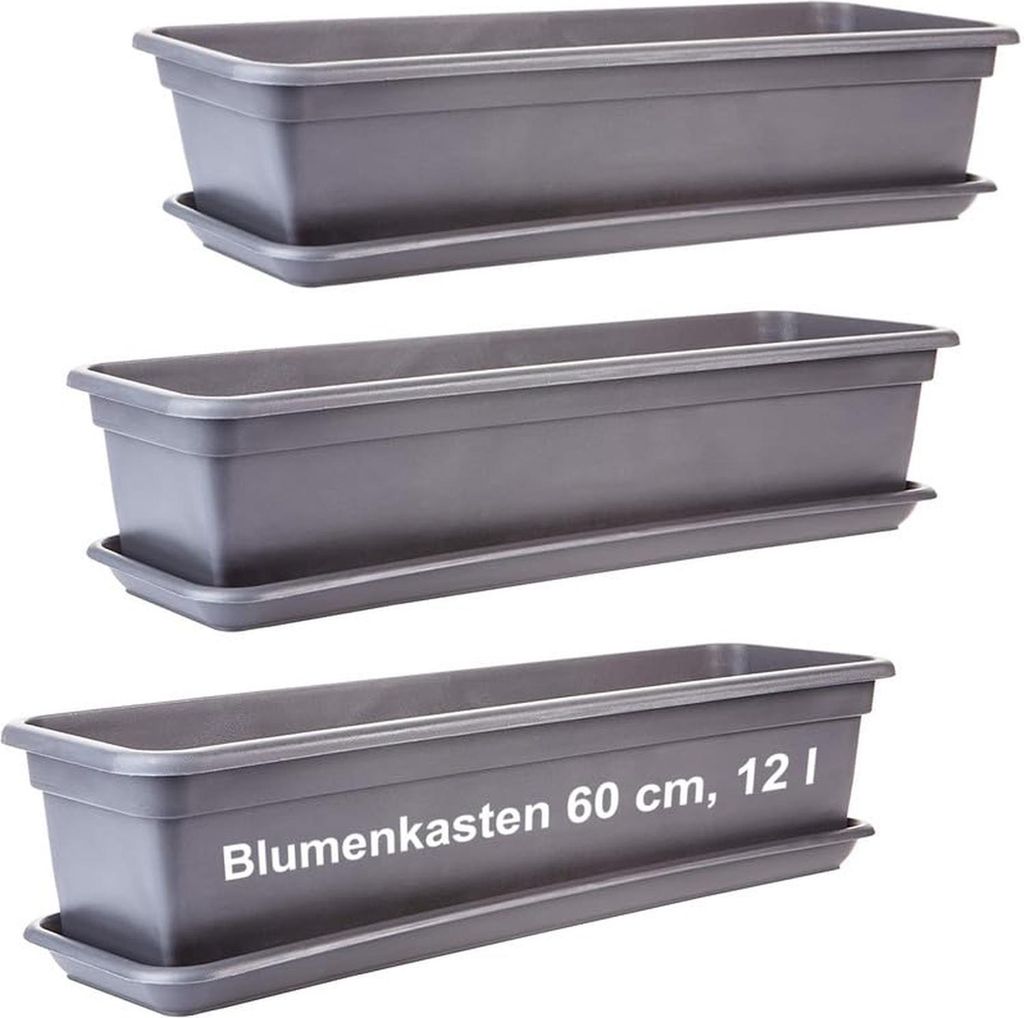 Balkon Blumenkasten Set anthrazit, 3 Stück, mit Untersetzer, wetterfest, robust