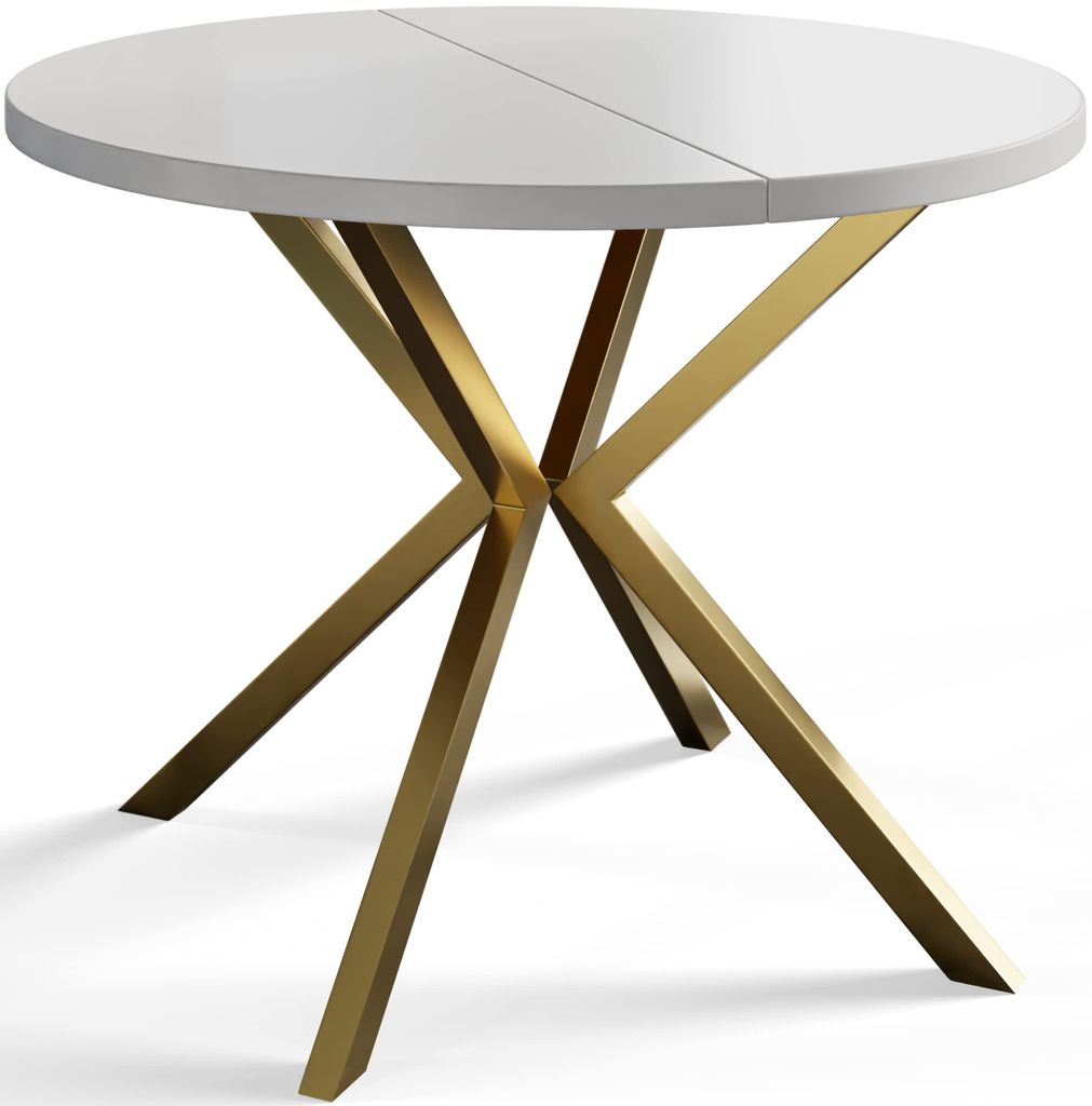 Alpi Moebel, Runder Esstisch Loft Liten, Modern Ausziehbarer Tisch 100-180 cm, Weiß mit Gold Metallbeinen