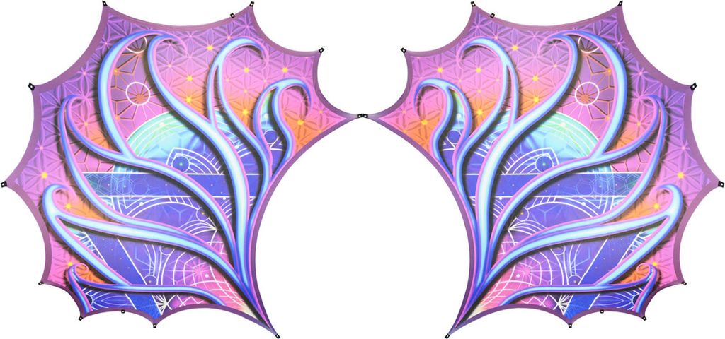 PSYWORK Schwarzlicht Segel Elasthan Sidewing Set "Neon Sacred Church" 4,25x4,75m