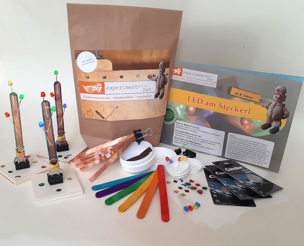 Schul-Set mit LEDs, "LED am Steckerl", 8 Gruppen, je 3 Schüler, Stromkreis, LEDs, Kupferband, Strom-Experimente mit myExperimentSet, Werkpackung