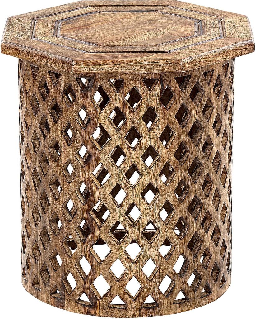 A wooden side table with an octagonal top and a carved diamond pattern on its cylindrical base, presented against a white background.