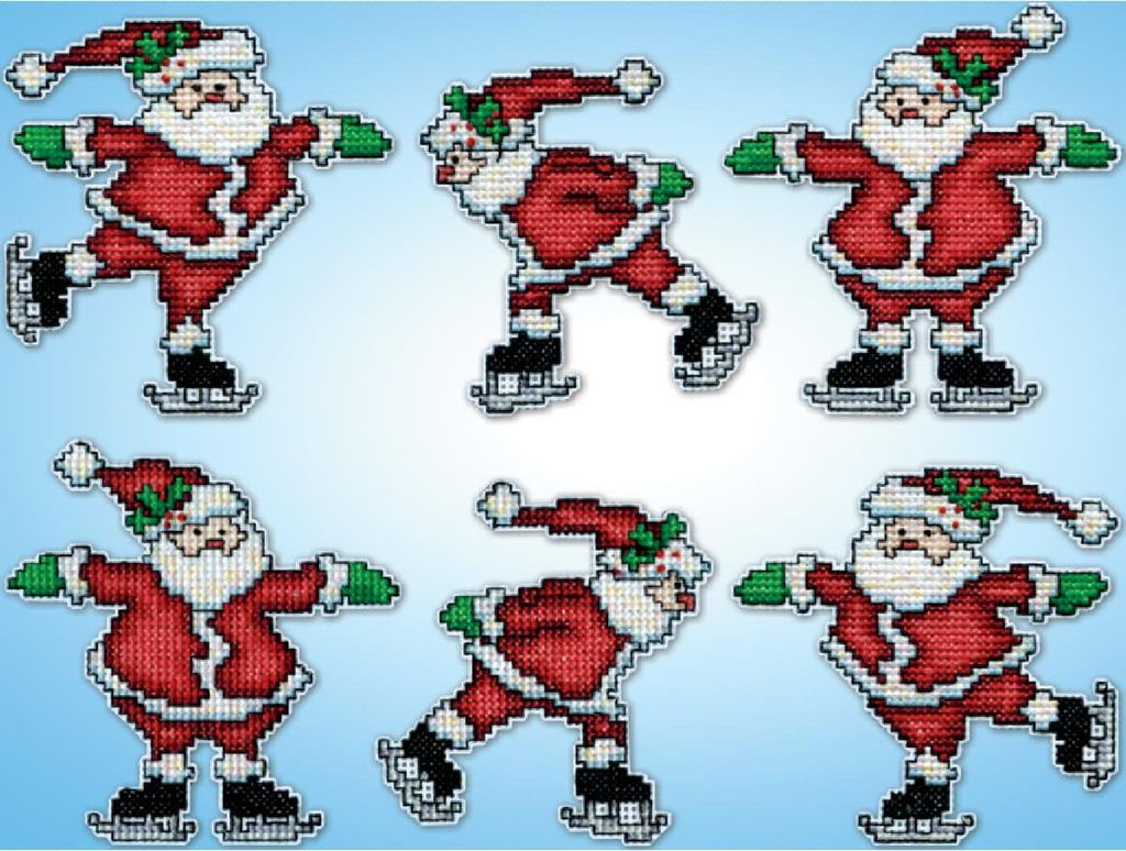 Design Works Kreuzstich Stickpackung "Weihnachtsbaumschmuck Eislaufende Weihnachtsmänner (6er-Set)", Zählmuster, 9x9cm