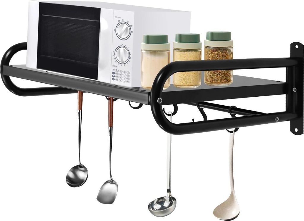 Mikrowellenregal - Wandhalterung - Maße 53×38×18 cm - Tragkraft 30 kg - Mit 6 Haken - Metall - Schwarz