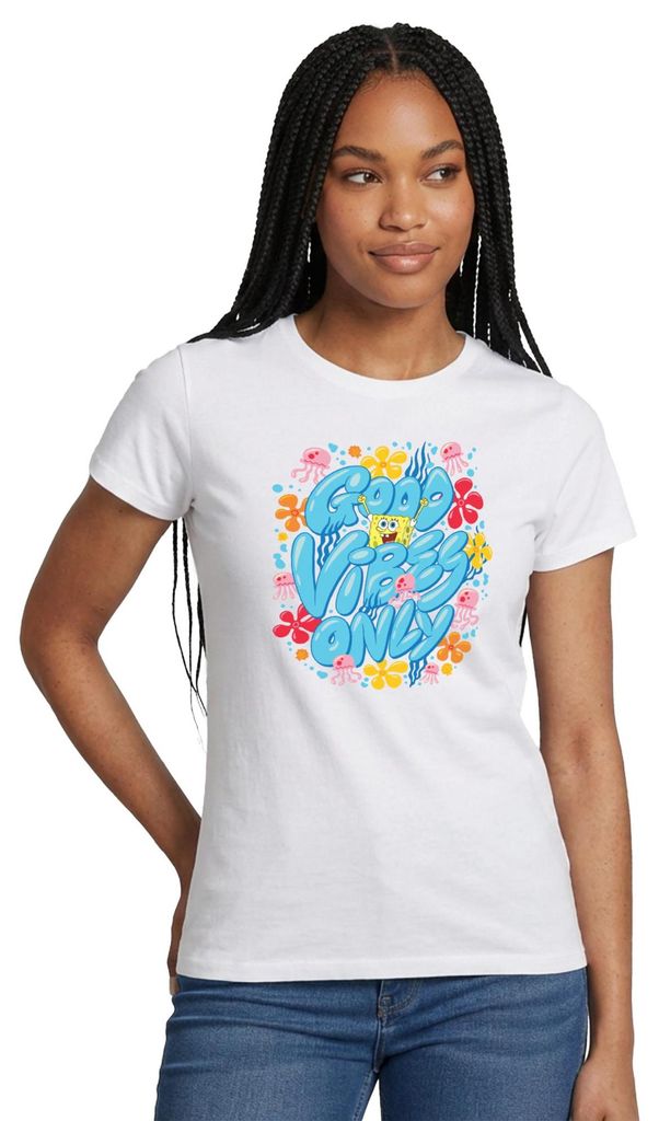 Spreadshirt Spongebob Schwammkopf Good Vibes Only Frauen T-Shirt, XXL, Weiß