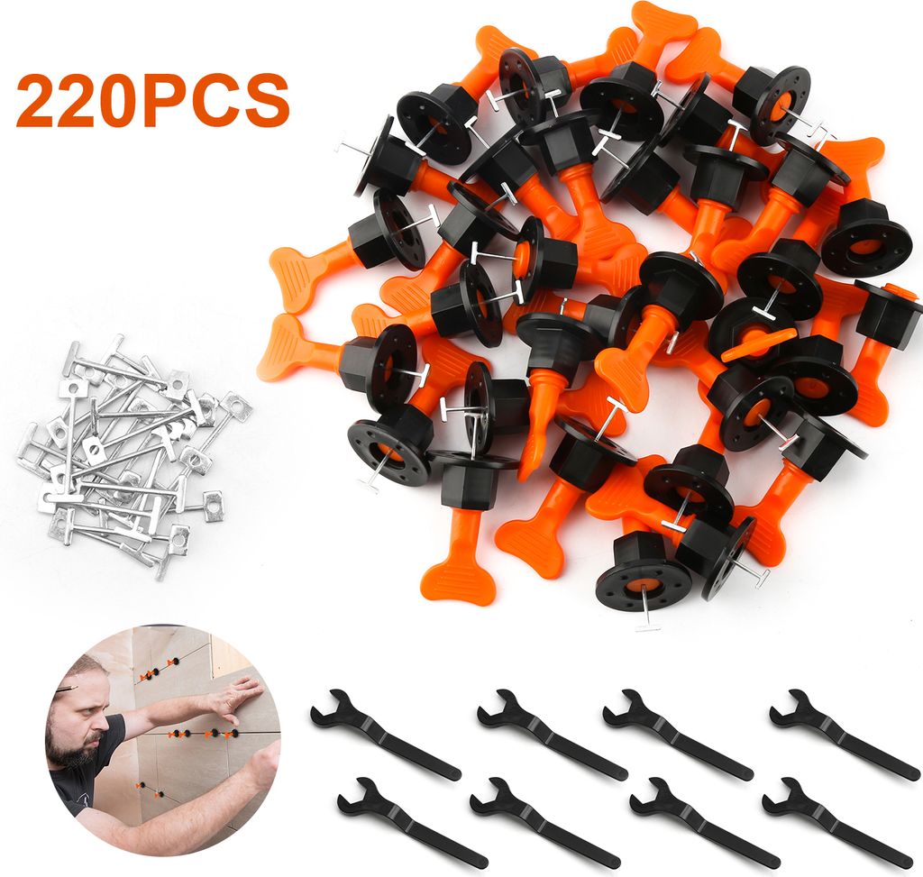 Yakimz Fliesen Nivelliersystem, 220 pcs Fliesenausgleichssystem Bodenbelag Wand Kunststoff Clip Verstellbar Locator Spacer Zange Level Wedge Handwe...