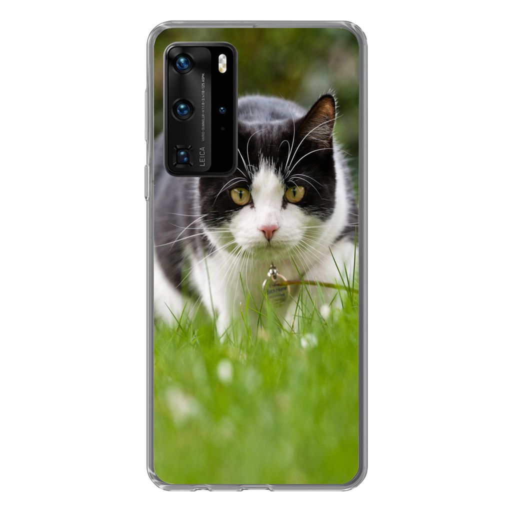 MuchoWow Handyhülle Schutzhülle Hülle für Huawei P40 Pro Katze - Gras - Schwarz - Weiß - Mädchen - Kinder - Jungen - Kinder Silikon Softcas...