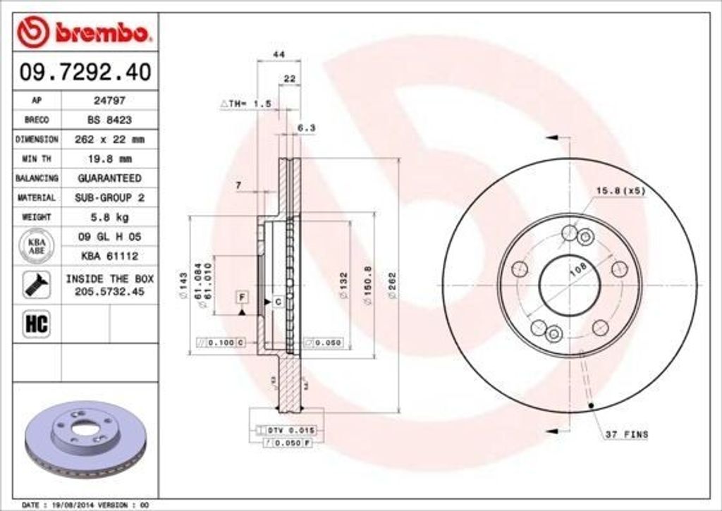 BREMBO 09.7292.40 - OE 7701205841 Bremsscheibe für Laguna I, Safrane I (B54), Safrane II (B54)