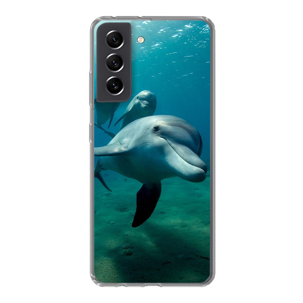 MuchoWow Handyhülle Schutzhülle Hülle für Samsung Galaxy S21 FE Wasser - Delphin - Blau Silikon Softcase Handy Hülle - Mobiltelefonhülle