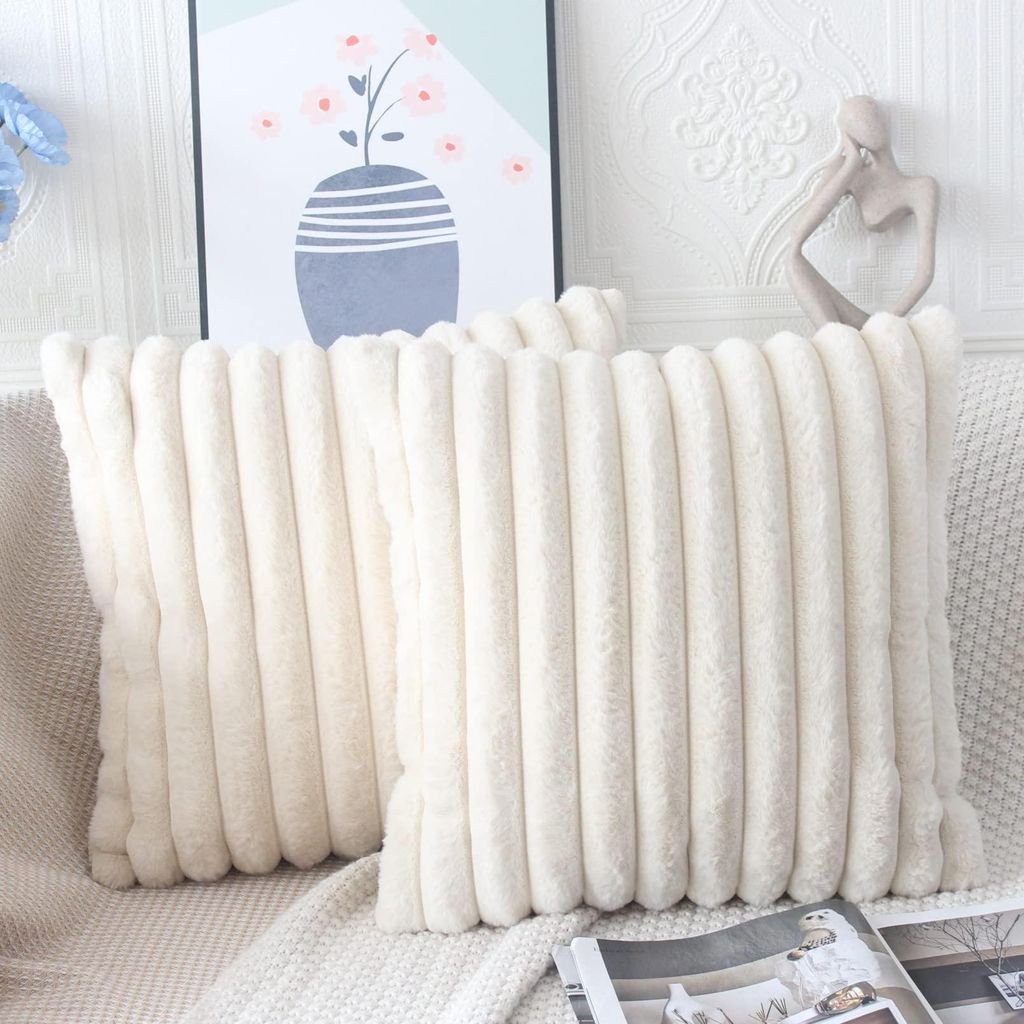 Set mit 2 Kissenbezügen 45x45 cm, beige, flauschig, plüschig, gestreift, weich, dekorativer Kissenbezug, Sofakissenbezug, dekorativer Kissenbezug...