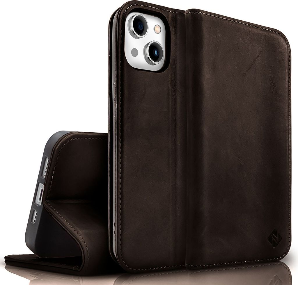 NALIA Echt-Leder Flipcase für iPhone 15 Hülle, Rindsleder Schutzhülle Lederhülle mit RFID-Schutz, Standfunktion Klappbar Dunkel-Braun