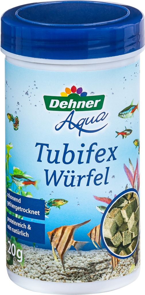 Dehner Aqua Fischfutter, Fischsnack proteinreich / 100 % natürlich, Tubifex Würfel aus Bachröhrenwürmern für Zierfische, 20 g