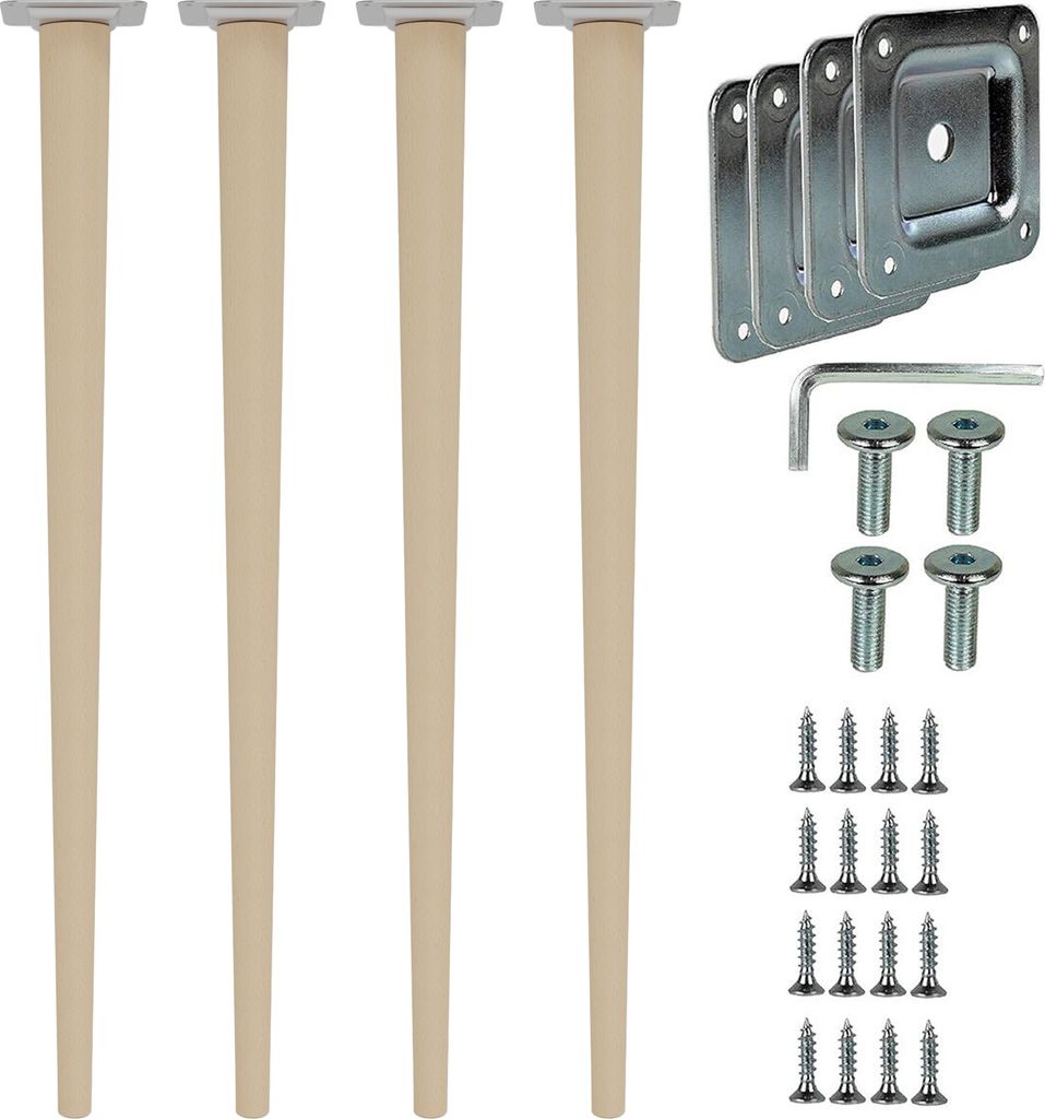 A set of four wooden furniture legs with mounting hardware.