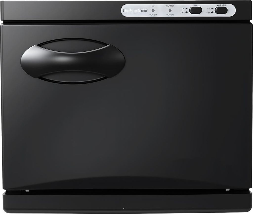 A black towel warmer with a black handle and a control panel on top.