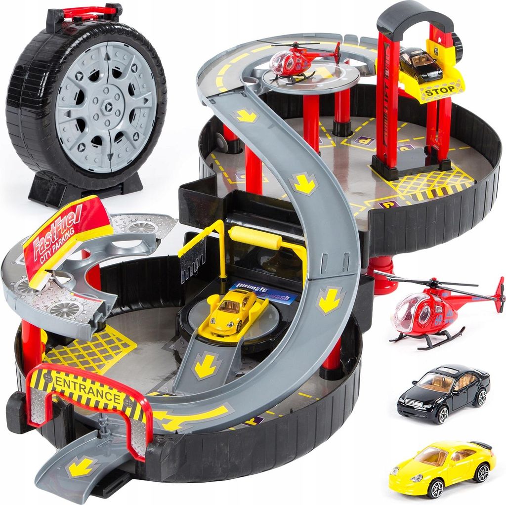 Kinderplay Parkgarage KP2819 – Spielzeug-Garage mit Autos und Helikopter – Parkhaus mit Tankstelle und Waschanlage für Kinder