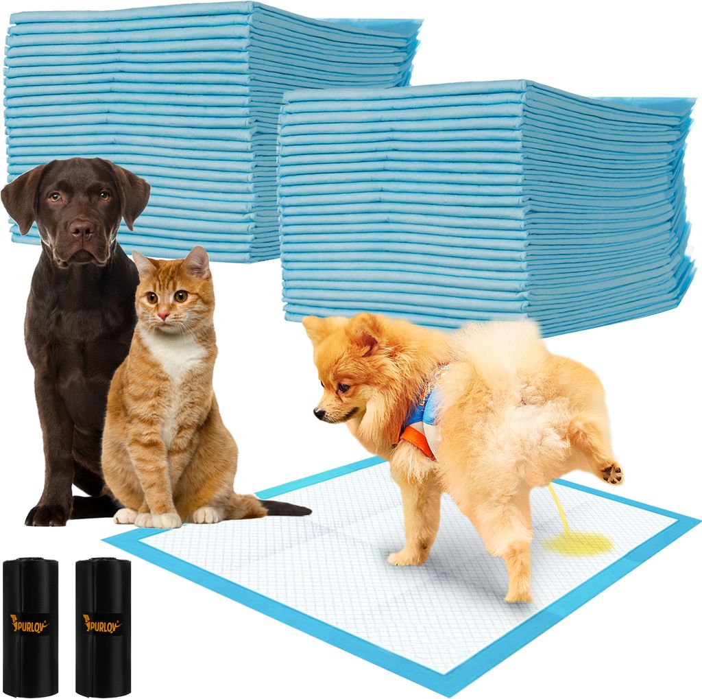 Purlov Trainingsunterlagen für Hunde 60 x 60 cm 50/100 Stück + 2 Beutel Inkontinenz Bettunterlage für Tiere - Hundezubehör und Welpen - Hundekl...