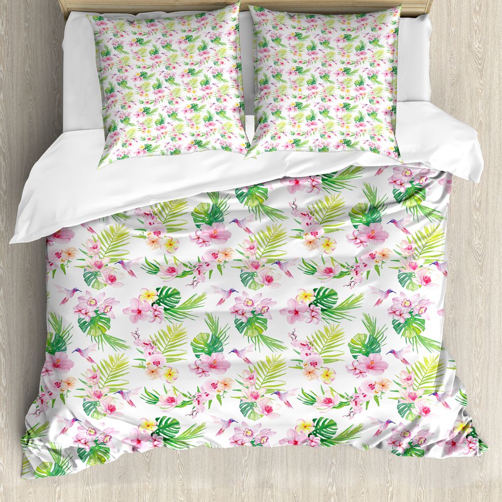 ABAKUHAUS Luau Bettbezug, Hawaiian Hibiscus Blätter, Milbensicher Allergiker geeignet mit Kissenbezügen, 200 cm x 200 cm - 80 x 80 cm, Baby-Rosa-...