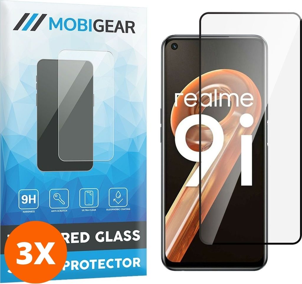 Mobigear Premium 9.98 Realme 9i Panzerglas Gehärtetes Glas Displayschutz - Hüllenfreundlich - Schwarz (3er Pack)