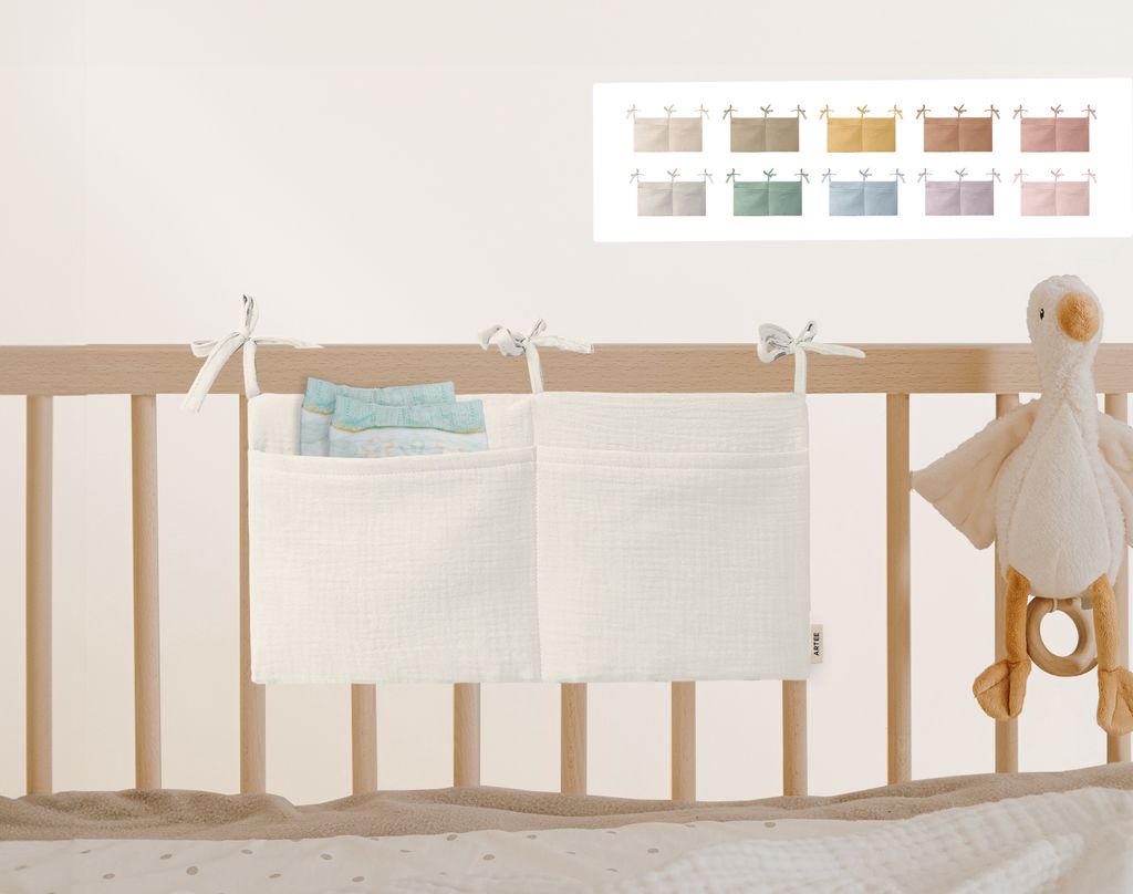 Babybett Organizer Tasche Aufbewahrung aus Musselin Farbe Cream