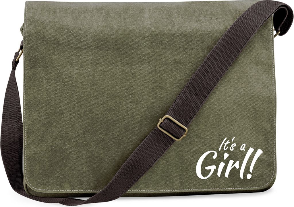 Huuraa Umhängetasche It`s a Girl! Schriftzug 14 Liter Military Green Canvas Laptoptasche Geschenkidee