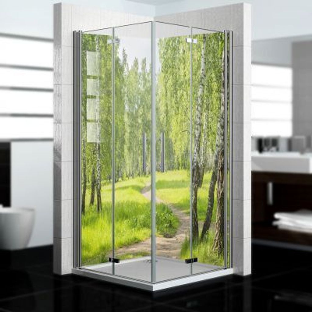 dedeco Eck-Duschrückwände Aluminium wasserfest Motiv: Wald V2, Nano-Protect hochglänzend, 2 x 100x210x0,3cm, Fliesenersatz fugenlos Wandverkleid...