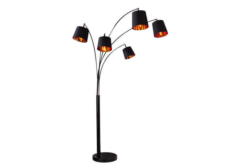 Design Bogenlampe LEVELS 200cm schwarz gold 5 Leinen Schirmen Stehlampe Bogenleuchte Wohnzimmerlampe