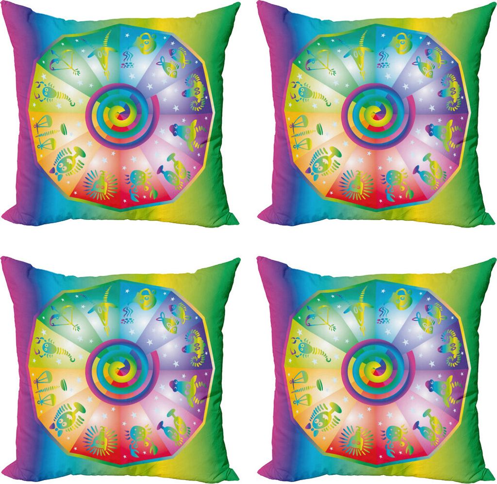 ABAKUHAUS Astrologie Kissenbezug Set (4 Stück), Hippie-Stil Zodiac, Moderner Doppelseitiger Digitaldruck, 45 cm x 45 cm, Mehrfarbig