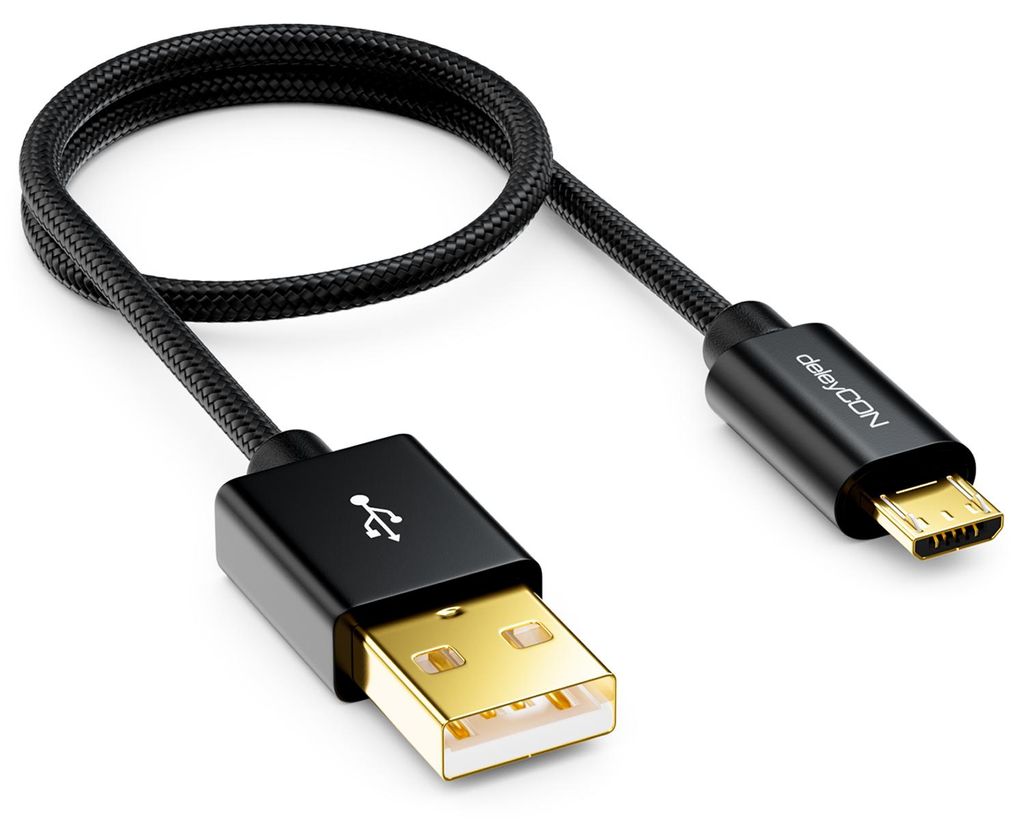 deleyCON Micro USB Kabel 0,30m mit Nylon + Metallstecker - Ladekabel, Datenkabel, Schnellladekabel für Smartphone, Tablet, PC, Laptop, Notebook - ...