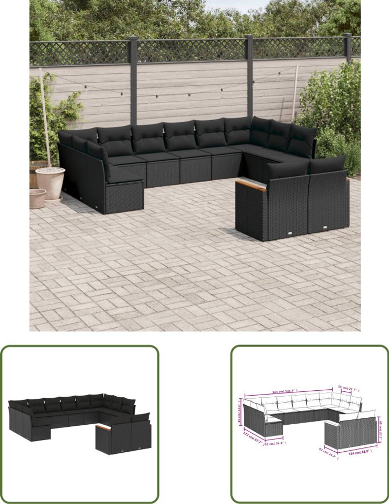 The Living Store 12-tlg. Garten-Sofagarnitur mit Kissen Schwarz Poly Rattan