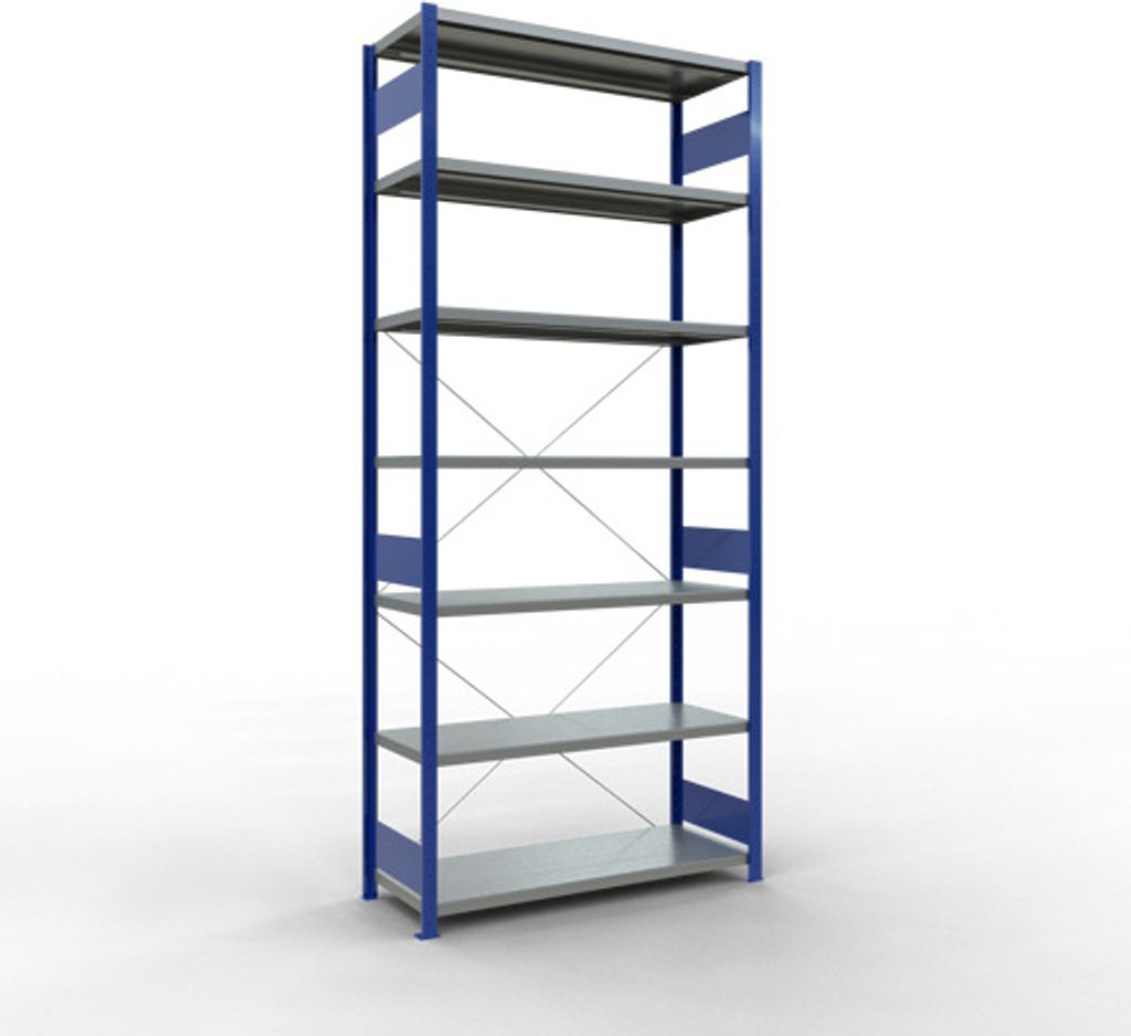 Schulte Fachbodenregal MULTIplus250 Stecksystem | Grundregal | HxBxT 300x130x50cm | 7 Ebenen | Fachlast 250kg | Enzianblau/Verzinkt