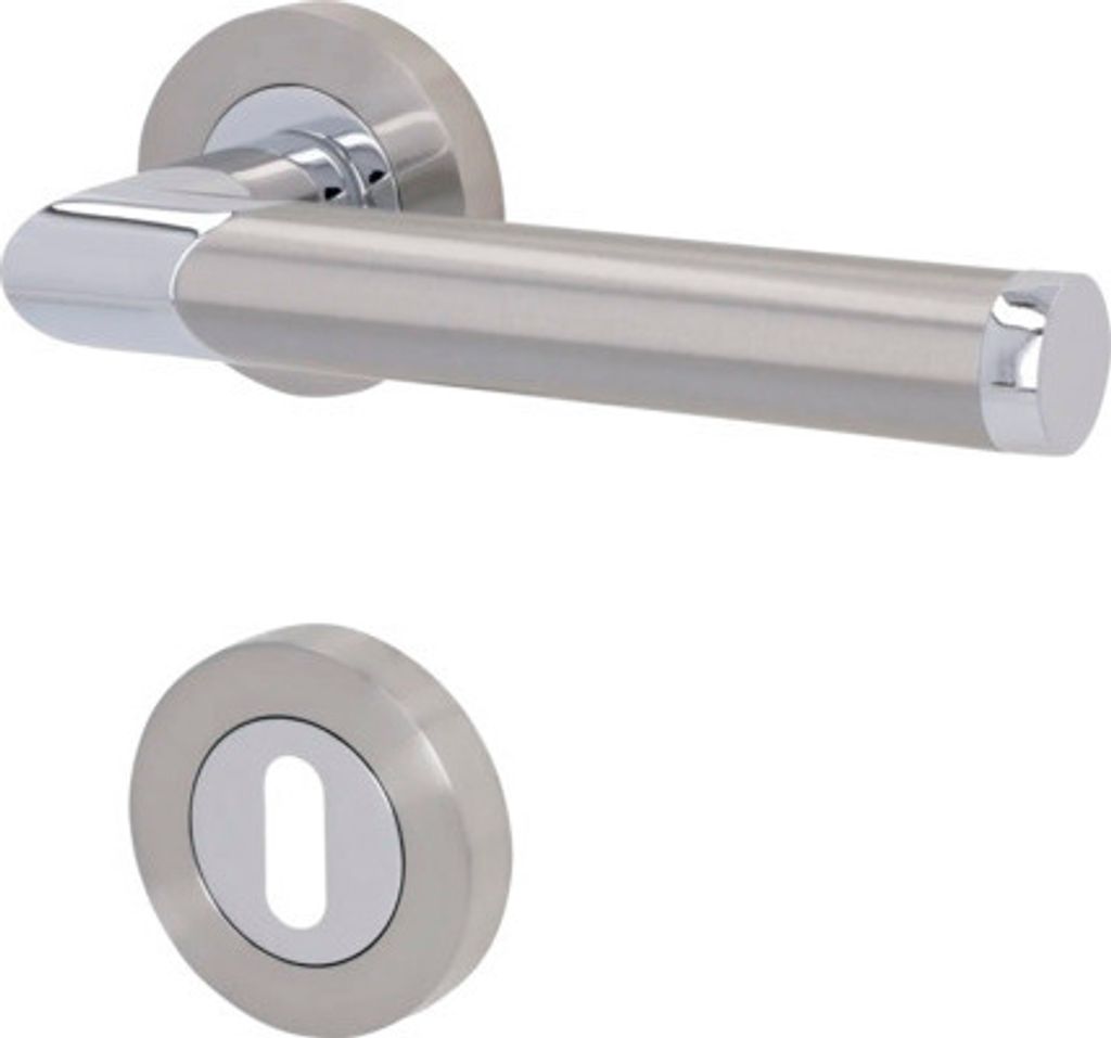 A door handle set with a keyhole escutcheon.
