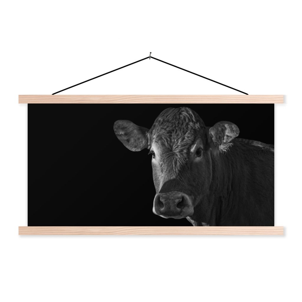 MuchoWow Textilposter Kuh - Tiere - Schwarz - Weiß - Porträt 120x60 cm mit holzfarbenen Rahmen - Klemmleiste