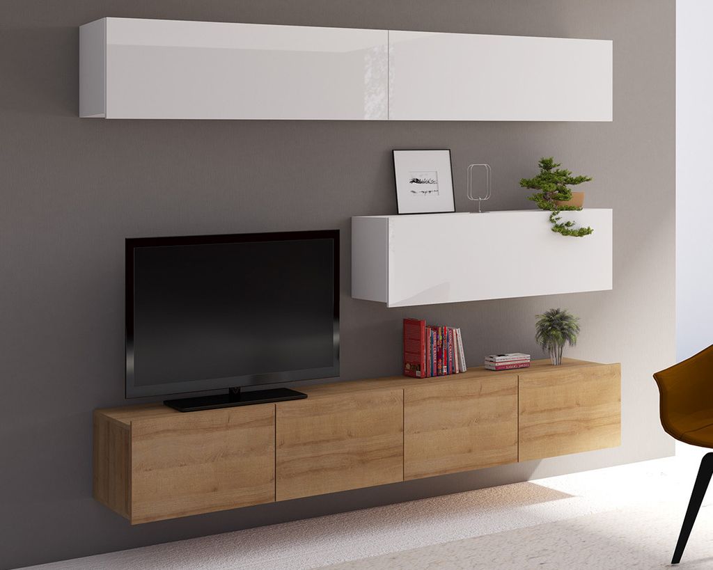 Wohnwand Amanda V, Wohnzimmer-Set, Moderne Anbauwand, Schrankwand, Mediawand (Weiß + Weiß Hochglanz / Eiche Gold)