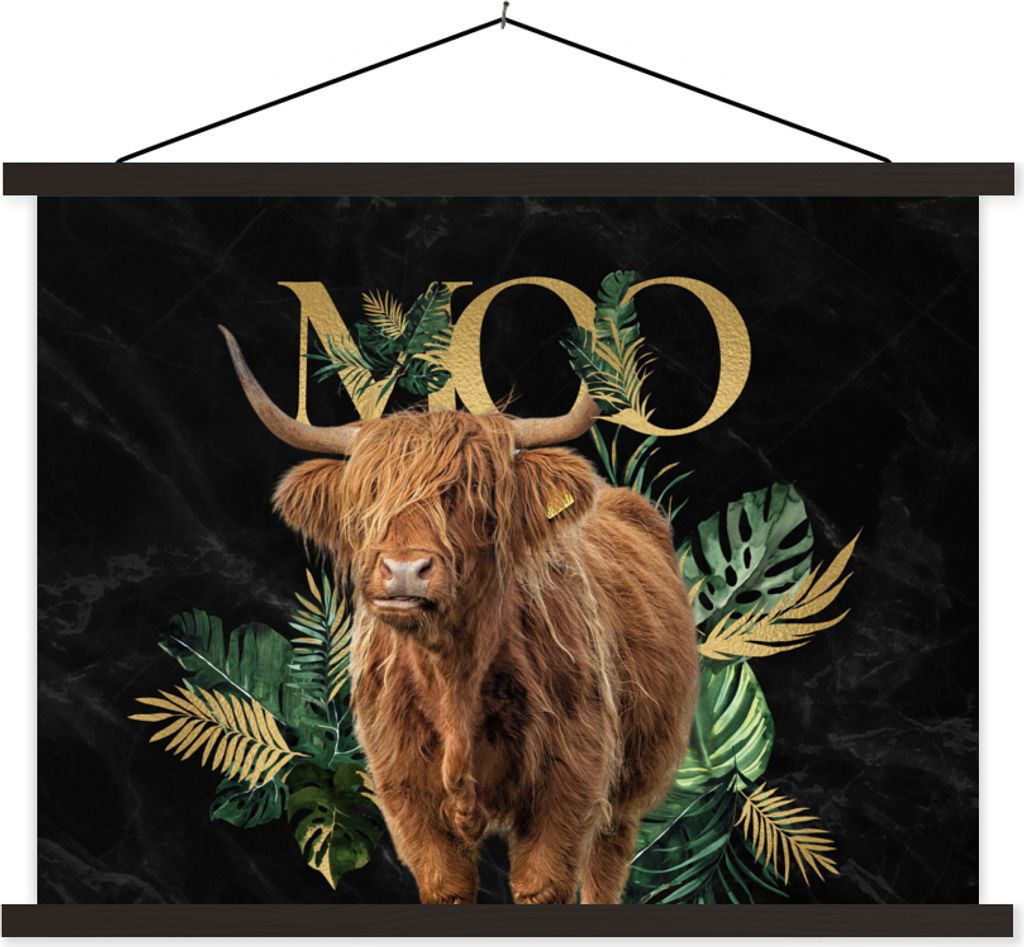 MuchoWow Textilposter Schottische Hochlandrind - Pflanzen - Luxus 40x30 cm mit schwarzem Rahmen - Dekorationen