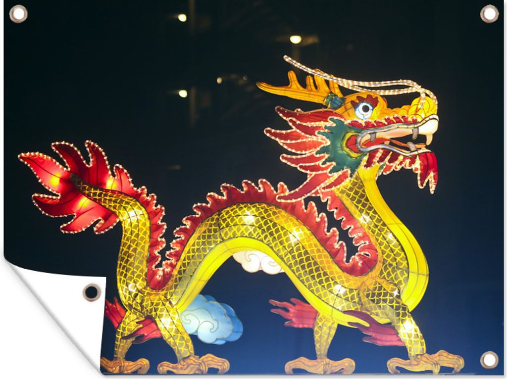 MuchoWow 80x60 cm Outdoor-Poster Gartendeko Sichtschutz Garten Poster für den Garten Leuchtender chinesischer Drache vor dunklem Hintergrund mit...