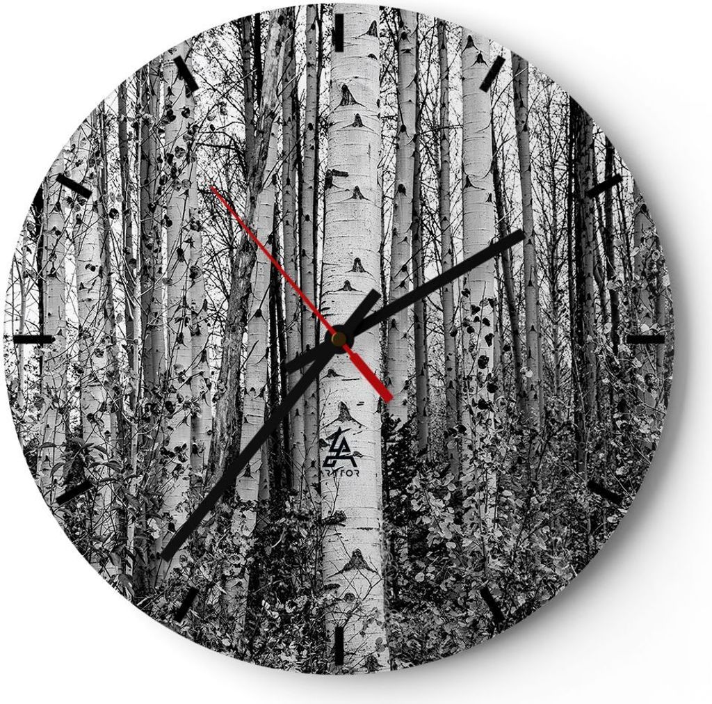 Wanduhr - Rund - Glasuhr - Birken Wald Monochrom - 30x30cm - Schleichendes Uhrwerk - Lautlos - zum Aufhängen bereit - Dekoration Modern - Wanddeko...