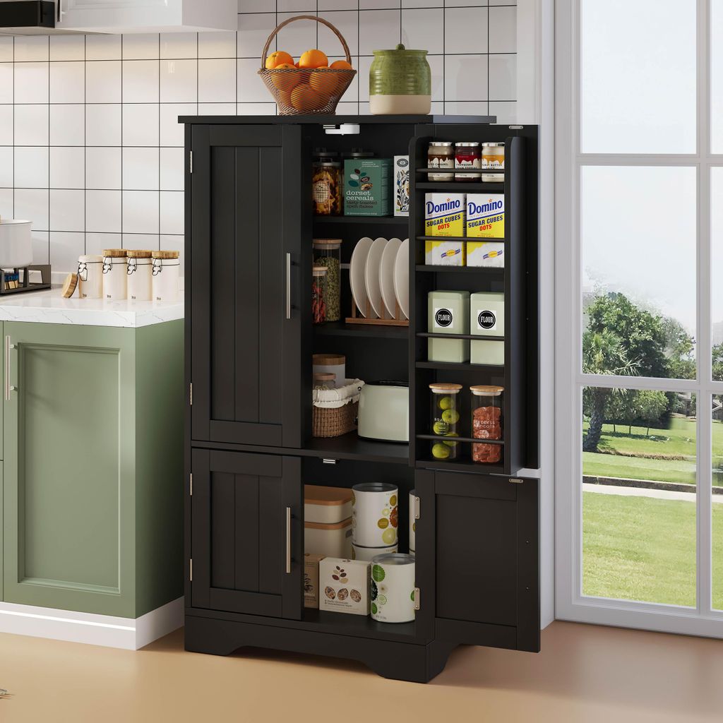 Schwarzer Küchenschrank 120x60x40cm mit LED-Beleuchtung und Sensor, 4-türiges Buffet mit verstellbaren Einlegeböden für Küche, Esszimmer und W...