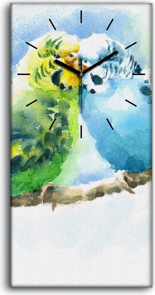 Wanduhr Leinwand Bild Uhr 30x60 Aquarell Haustiervögel Wellensittiche - schwarze Hände
