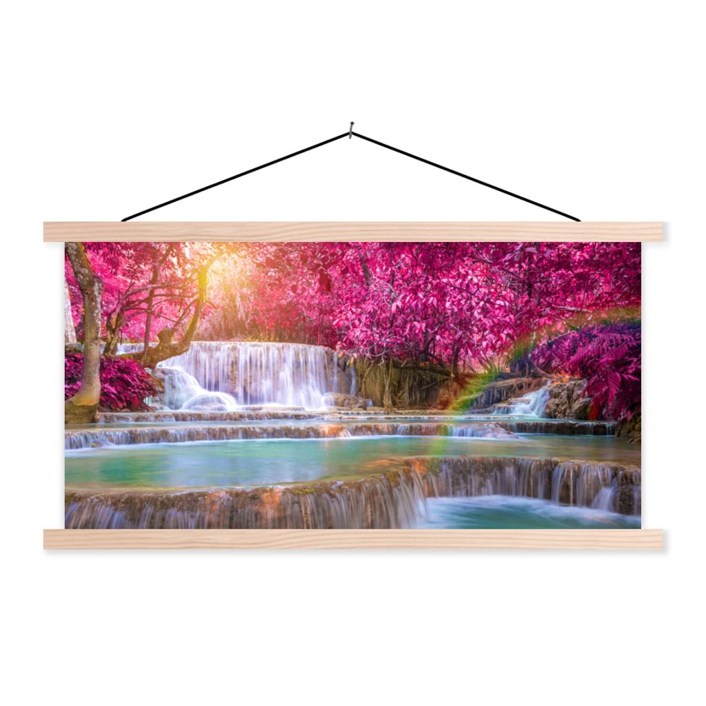 MuchoWow Textilposter Wasserfall - Regenbogen - Bäume - Rosa - Natur 120x60 cm mit holzfarbenen Rahmen - Klemmleiste