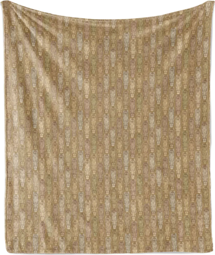 ABAKUHAUS Coperta etnica in morbido pile di flanella, maschere o motivi aborigeni orientali, 175 x 230 cm, cammello multicolore