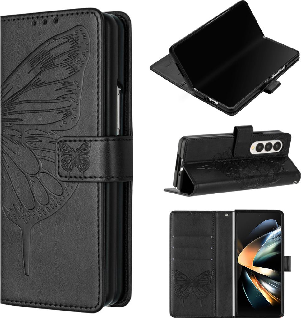 Galaxy Z Fold4 Hülle, Schmetterling Prägung Flip Leder Kartenfächer Schutzhülle Ledertasche mit Ständer für Samsung Galaxy Z Fold4 Schwarz