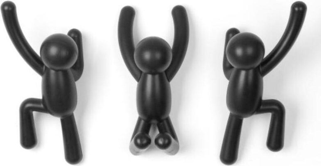 Three black hooks shaped like climbing figures are mounted on a white background.