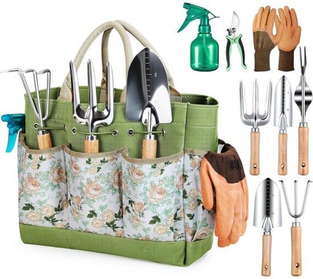Gartenwerkzeugset - 9-teilig (inkl. Transporttas) - Stabil - Sicher - Ideales Geschenk für Frauen und Gartenliebhaber