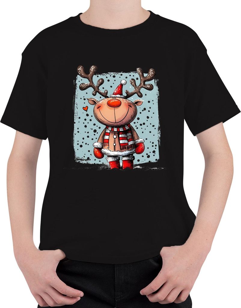 Niedliches Weihnachtsrentier Schal Herz Schneeflocken lustig Uni Kinder T-Shirt, Schwarz, 104